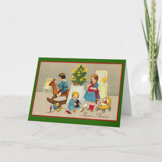 Domestic Christmas Scene with Kids and Toys Holiday Card (Front)