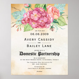 "Domestic Partnership" Floral Wedding Certificate Poster