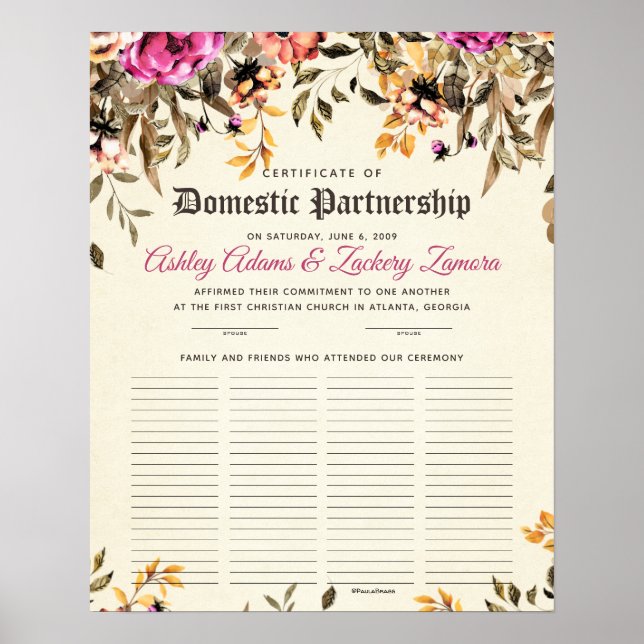 Domestic Partnership Guest Book WeddingCertificate (Front)