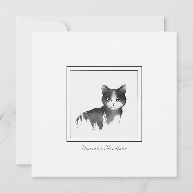 Domestic Shorthair Cat Drawing in Black and White Card (Front)