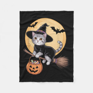 Domestic Shorthair Cat Witch Hat Pumpkin Halloween Fleece Blanket