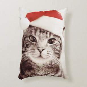Domestic tabby cat wearing red Christmas hat Decorative Cushion