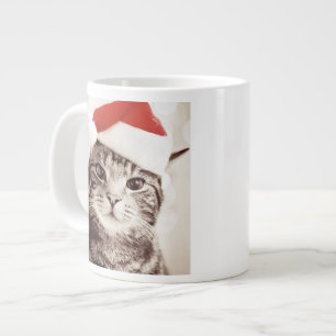 Domestic tabby cat wearing red Christmas hat Large Coffee Mug