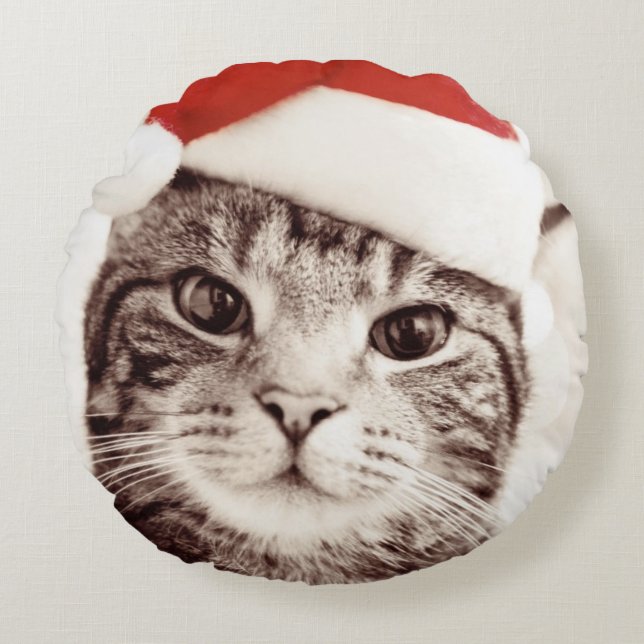 Domestic tabby cat wearing red Christmas hat Round Cushion (Front)