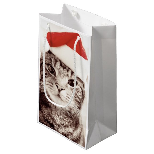 Domestic tabby cat wearing red Christmas hat Small Gift Bag (Front Angled)