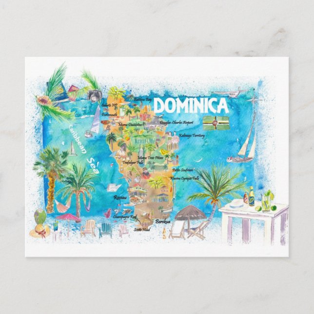 Dominica Antilles Illustrated Travel Map  Postcard (Front)