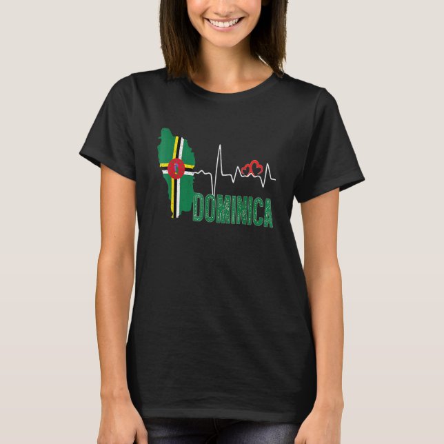 Dominica Flag Map Heartbeat For Dominican Pride T-Shirt (Front)