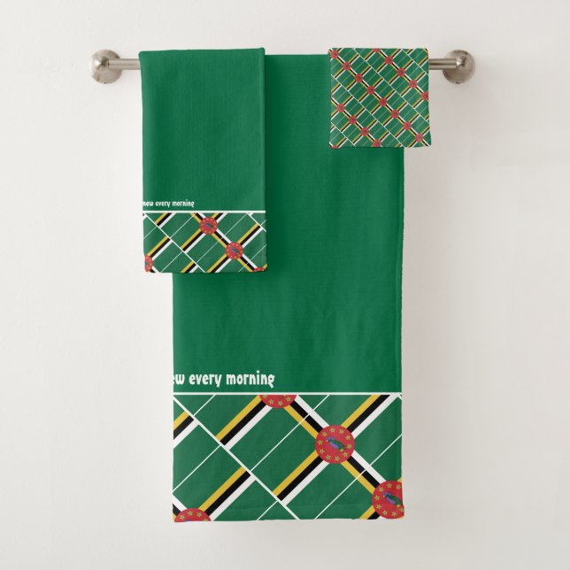 DOMINICA FLAG Personalised Scripture GREEN Bath Towel Set (Insitu)