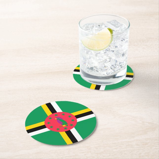 Dominica flag round paper coaster (Insitu)