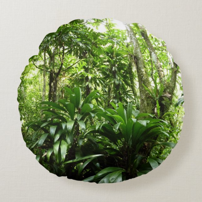 Dominican Rain Forest I Tropical Green Nature Round Cushion (Front)