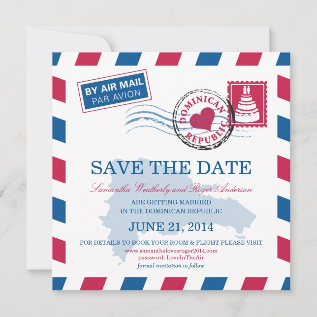 Dominican Republic Air Mail Wedding Save The Date (Front)