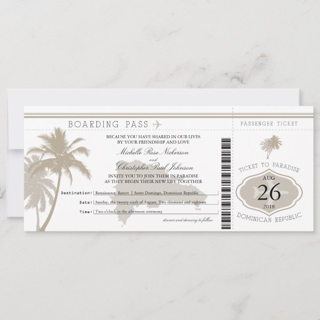 Dominican Republic Boarding Pass Palm Trees Invitation (Front)