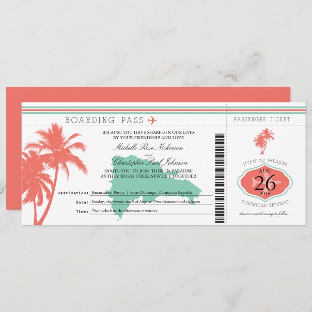 Dominican Republic Boarding Pass Palm Trees Invitation (Front/Back)