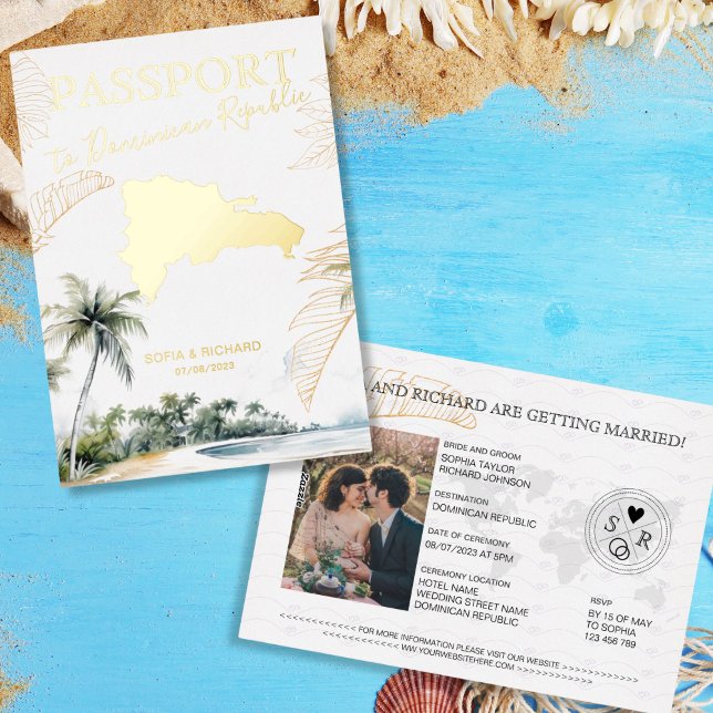 Dominican Republic Destination Wedding Passport (gold foil mexico map passport wedding invitation)