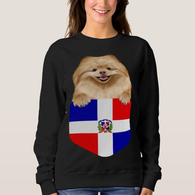 Dominican Republic Flag Pomeranian Dog In Pocket Sweatshirt (Front)