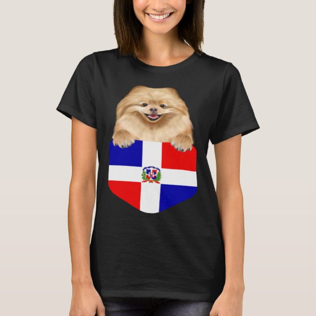 Dominican Republic Flag Pomeranian Dog In Pocket T-Shirt (Front)