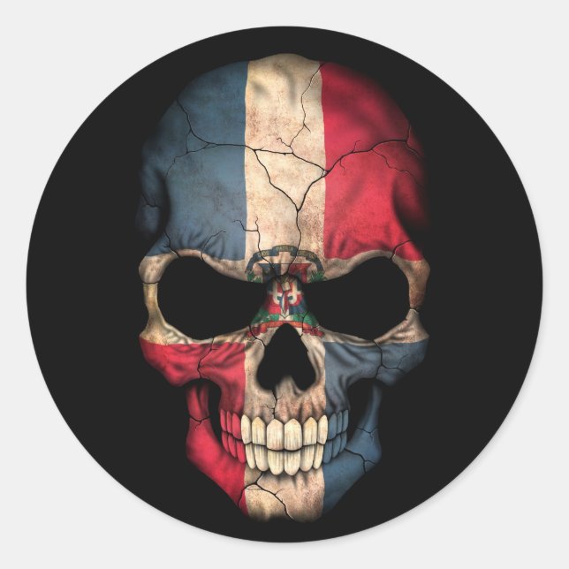 Dominican Republic Flag Skull on Black Classic Round Sticker (Front)