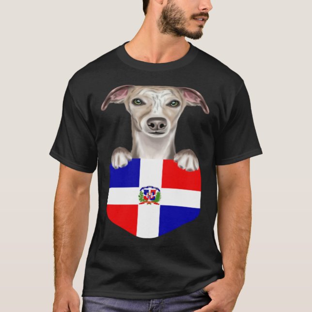 Dominican Republic Flag Whippet Dog In Pocket T-Shirt (Front)