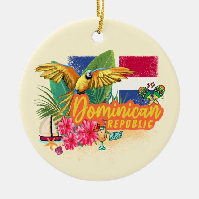 Dominican Republic Retro Caribbean Island Parrot Ceramic Ornament (Front)
