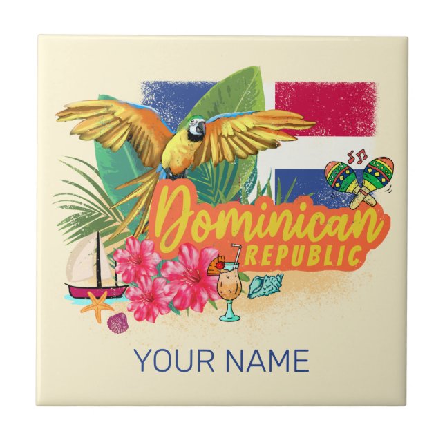 Dominican Republic Retro Caribbean Island Parrot Ceramic Tile (Front)
