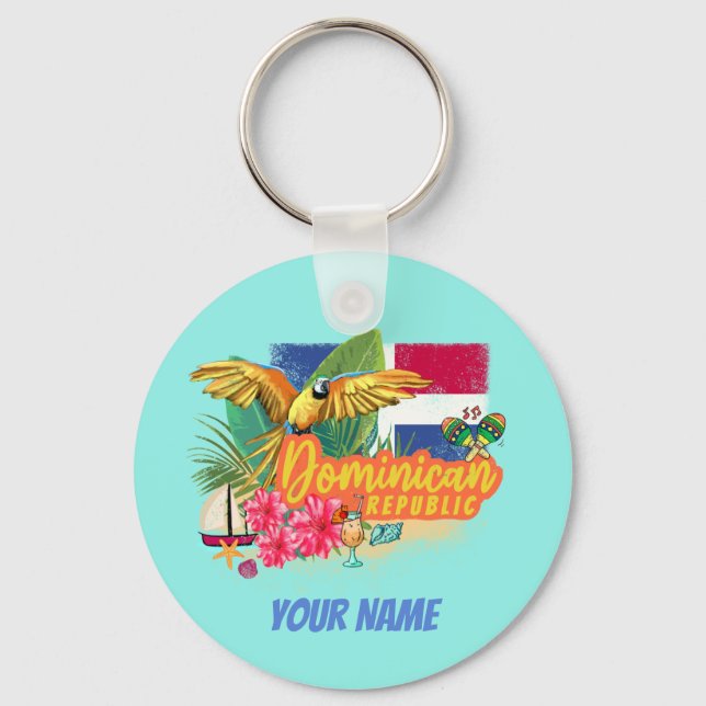 Dominican Republic Retro Caribbean Island Parrot Key Ring (Front)