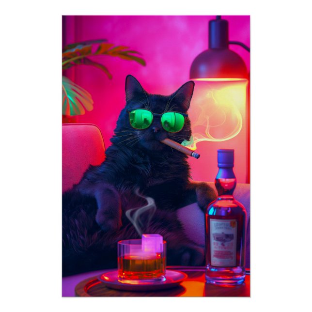Don Gatto's Nightcap | Fancy Cat Drinking Whiskey Poster (Front)