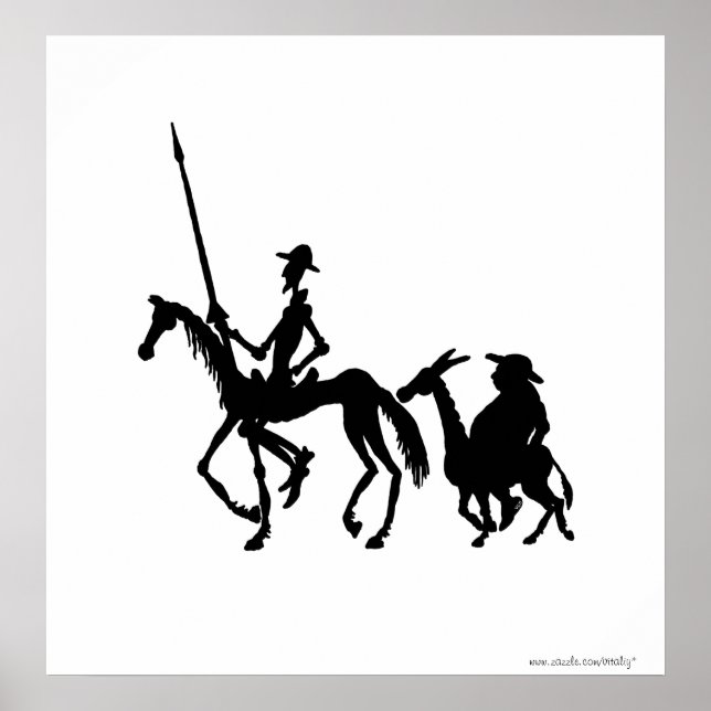 Don Quixote and Sancho Panza black and white art Poster (Front)