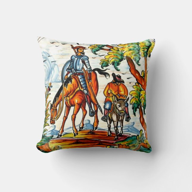Don Quixote Cervantes Antique Majolica Pottery Art Cushion (Front)