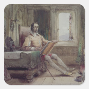 Don Quixote in his Study Square Sticker