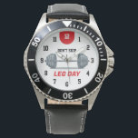 Don’t Skip Leg Day Barbell Watch<br><div class="desc">Bold and motivating watch design featuring a barbell loaded with weight plates on a clean white background and the powerful phrase “DON’T SKIP LEG DAY” in black lettering.</div>