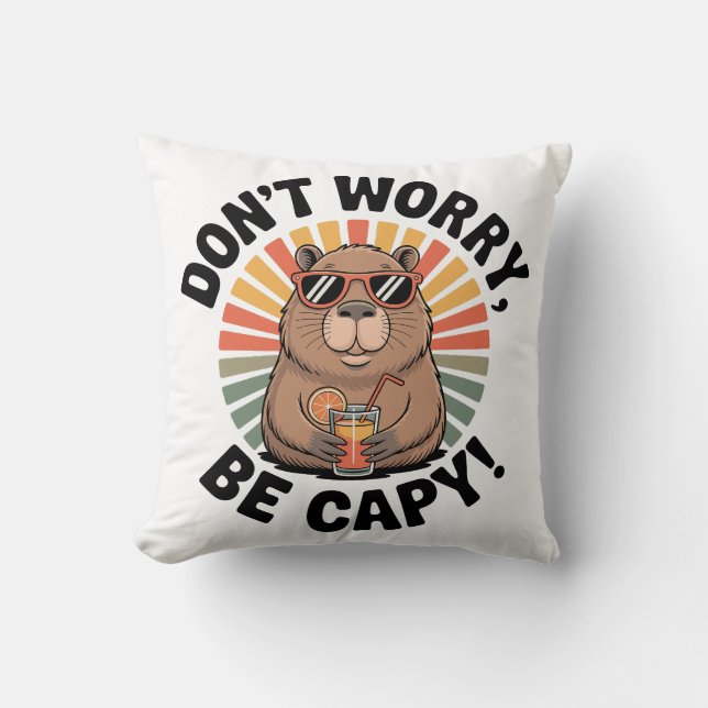 Don’t Worry, Be Capy – Retro Chill Capybara  Cushion (Front)