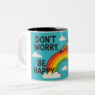 Don’t Worry, Be Happy – Cute Sloth on Rainbow Desi Two-Tone Coffee Mug