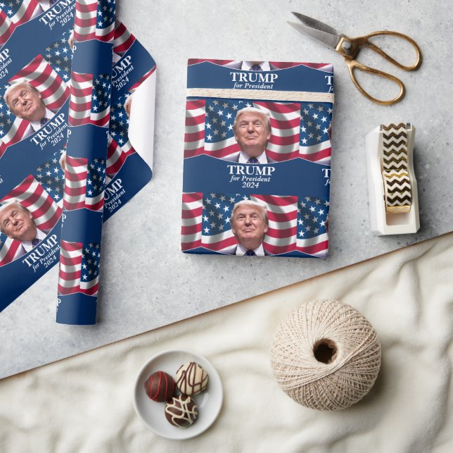 Donald Trump 2024 - American Flag waving Wrapping Paper (Crafts)