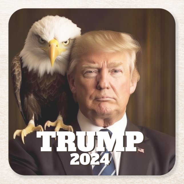 Donald Trump 2024 Photo - bald eagle on shoulder Square Paper Coaster (Front)