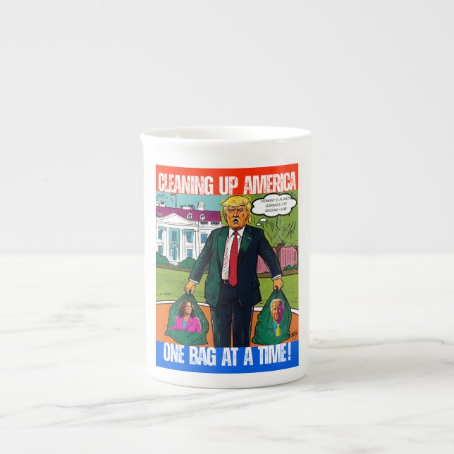 DONALD TRUMP - CLEANING UP AMERICA, ONE BAG A TIME BONE CHINA MUG (Front)