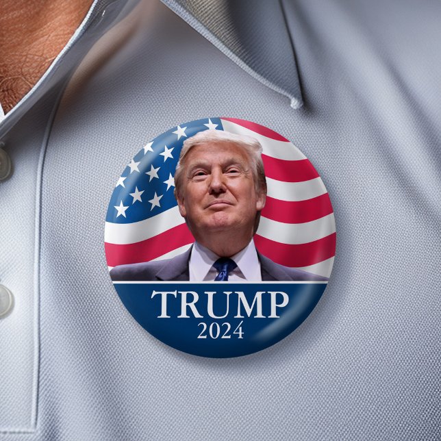 Donald Trump Photo - President - enough said 6 Cm Round Badge (Classic Trump Campaign Button with American Flag in the Background - 2024)