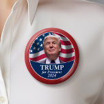 Donald Trump Photo with American Flag red border 6 Cm Round Badge<br><div class="desc">A traditional design featuring a photo of Trump with an American Flag waving in the background. Classic fonts are used to make this a classic design for this election. He is running in the 2024 election in the Republican Primary. Original photograph taken by Gauge Skidmore, </div>