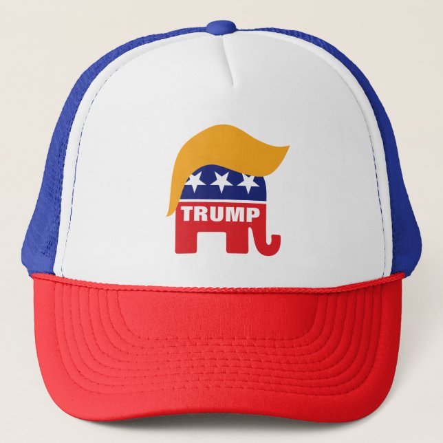 Donald Trump Republican Elephant Hair Logo Trucker Hat (Front)