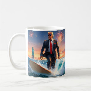 Donald Trump Surfing Statue of Liberty Fireworks Coffee Mug