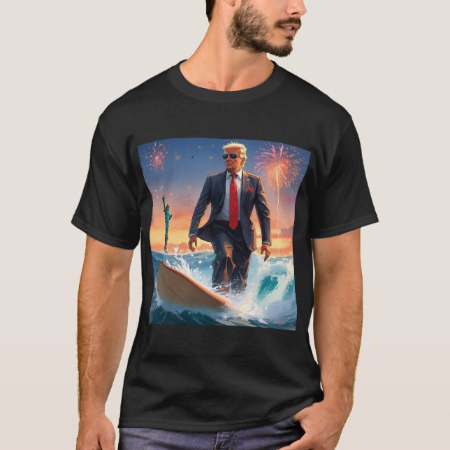 Donald Trump Surfing Statue of Liberty Fireworks T-Shirt (Front)