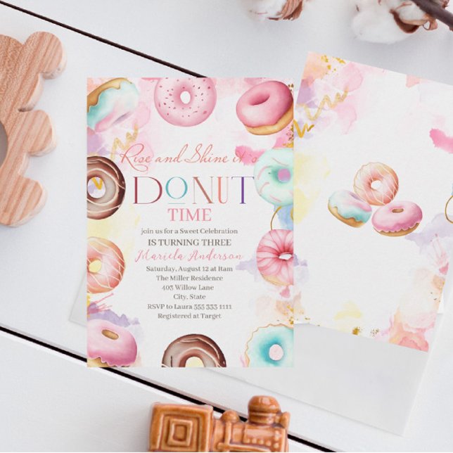 Donat time watercolor celebration turning three   invitation (Creator Uploaded)
