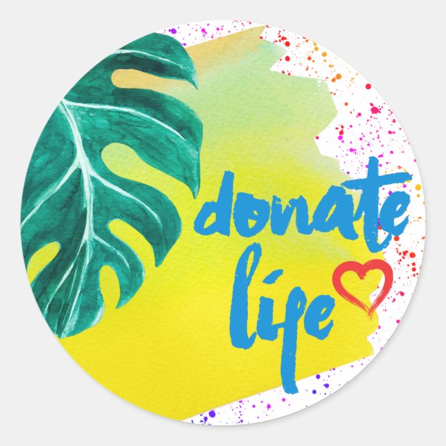 Donate Life Tropical Yellow Watercolor Classic Round Sticker (Front)