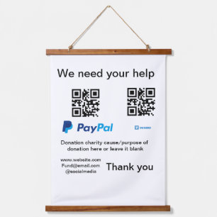 Donation Collection tip jar add your q r name caus Hanging Tapestry