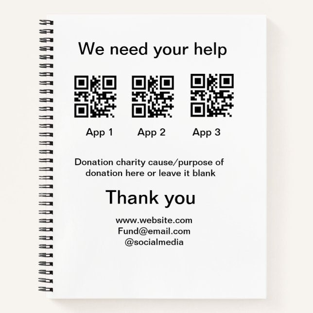 Donation Collection tip jar add your q r name caus Notebook (Front)