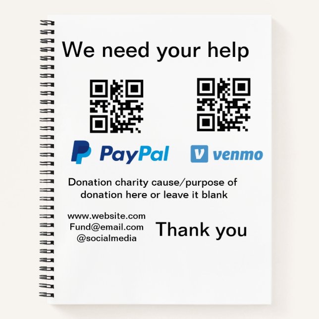 Donation Collection tip jar add your q r name caus Notebook (Front)