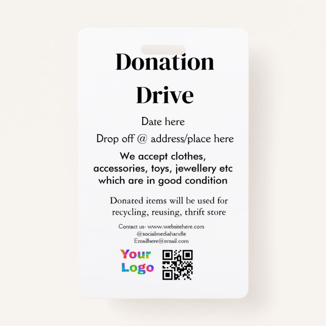Donation drive add address date business name logo ID badge (Front)