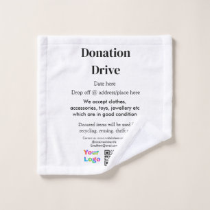 Donation drive add address date business name logo wash cloth