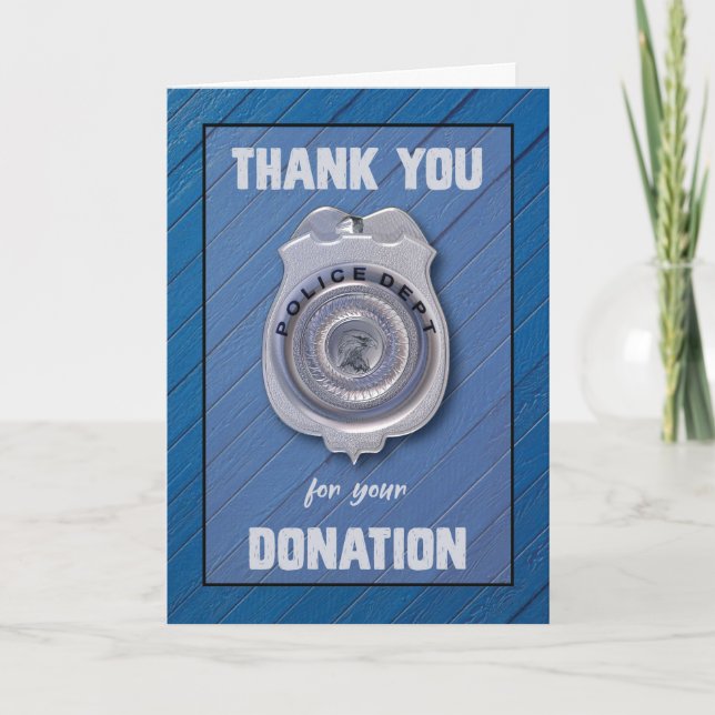Donation to Police Department in Blue Thank You Card (Front)