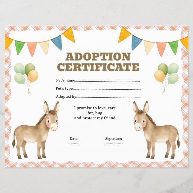 Donkey adopt a pet certificate editable flyer (Front)