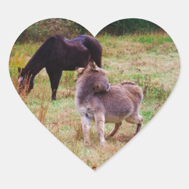 Donkey and horse in a Fall Field. Heart Sticker (Front)